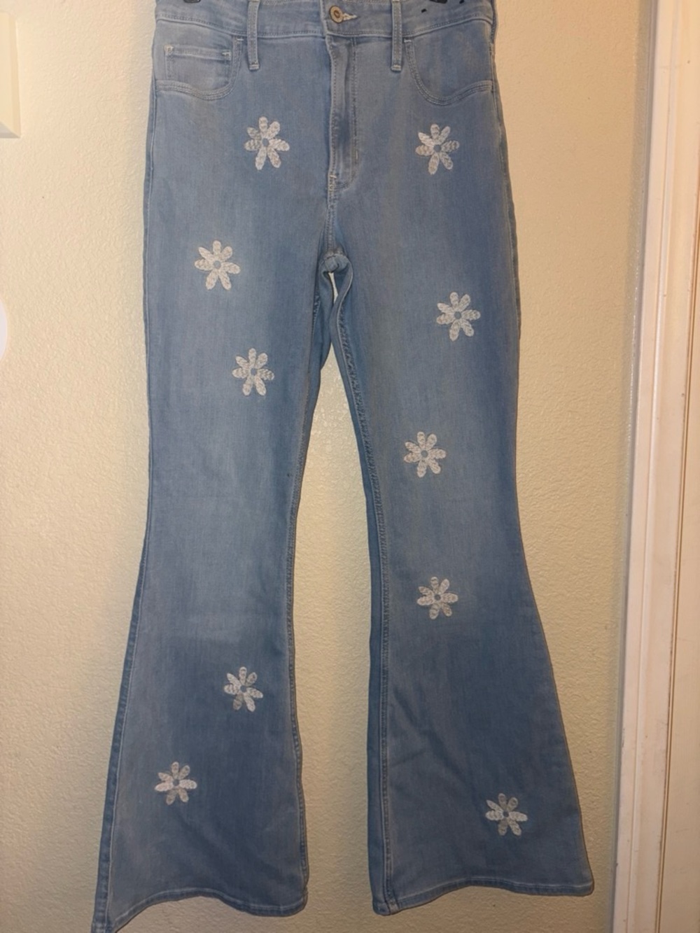 Hollister Light Blue Floral Embroidered Flare Jeans
